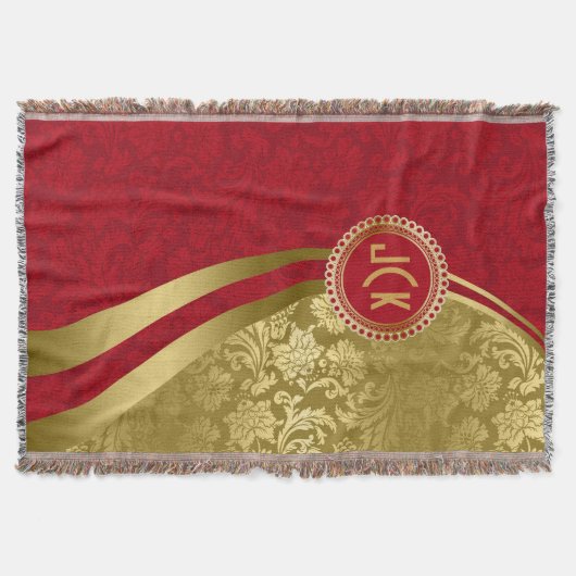 バーグンディエレガント&金ゴールドヴィンテージフローラダマスク2 スローブランケット (正面)