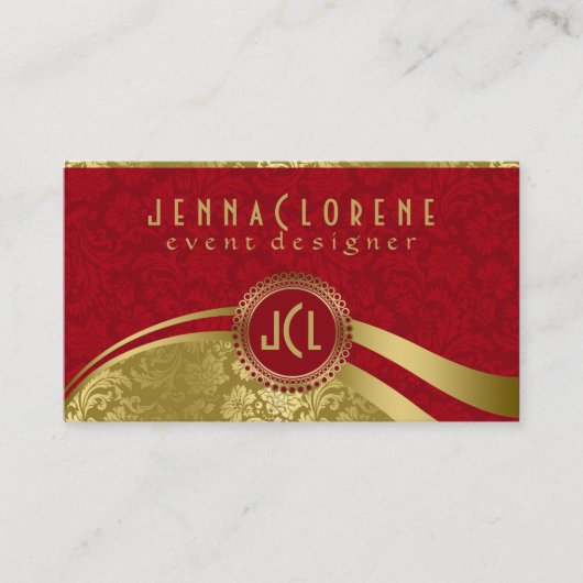 バーグンディエレガント&金ゴールドヴィンテージフローラダマスク 名刺 (正面)