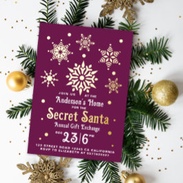 バーグンディスタイリッシュシークレットサンタスノーフレーク招待状 箔シーズンカード
