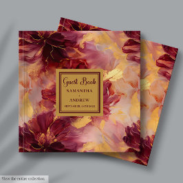 バーグンディスタイリッシュ赤面金ゴールド結婚ズゲストブック ゲストブック