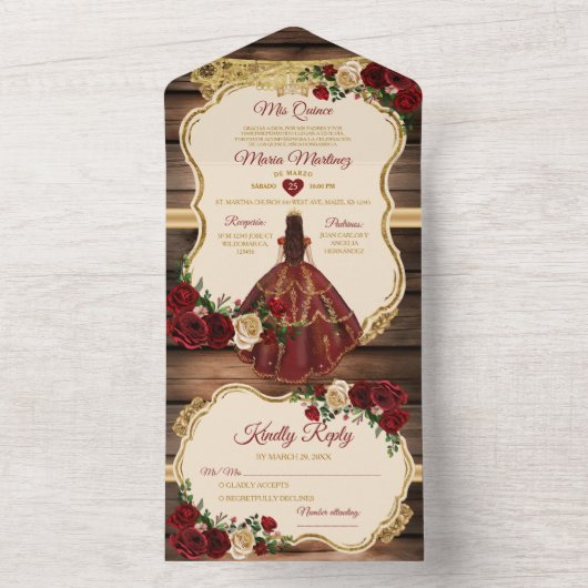 バーグンディスペインのフローラウッドミ素朴ーカンス オールインワン招待状 (内側)