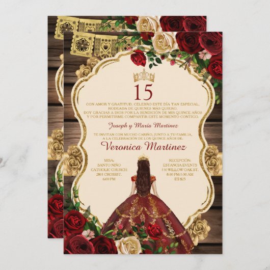 バーグンディスペインのプリンセスフローラウッド15アニョス 招待状 (正面/裏面)