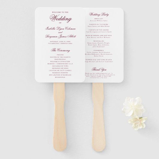 バーグンディフォーマル伝統的結婚式 プログラム ハンドファン (正面&裏面)