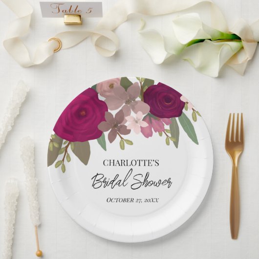 バーグンディモダンガーデンフラワーズブライダルシャワー ペーパープレート (ウェディング)