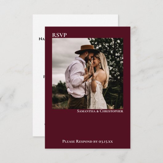 バーグンディモダンシンプルミニマル写真結婚ズ 出欠カード (正面/裏面)