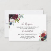 バーグンディモダンネイビーフローラウェディングレセプションカード 招待状 (正面)