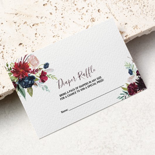 バーグンディモダンネイビー赤面フローラおむつラッフル エンクロージャーカード