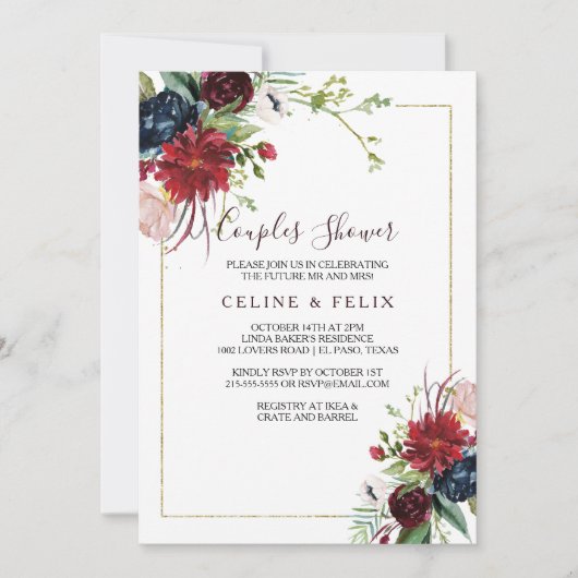 バーグンディモダンネイビー赤面フローラカップルのシャワー 招待状 (正面)