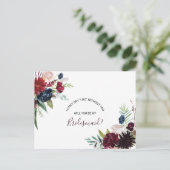 バーグンディモダンネイビー赤面フローラブライデスメイド インビテーションポストカード (スタンド正面)