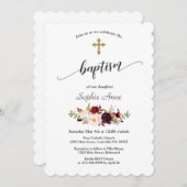 バーグンディモダンピンクの花金ゴールドクロスバプテスマ 招待状 (正面/裏面)