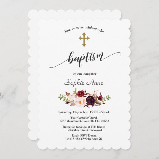 バーグンディモダンピンクの花金ゴールドクロスバプテスマ 招待状 (正面/裏面)