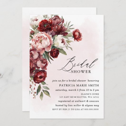 バーグンディモダンピンク赤面フローラブライダルシャワー 招待状 (正面/裏面)