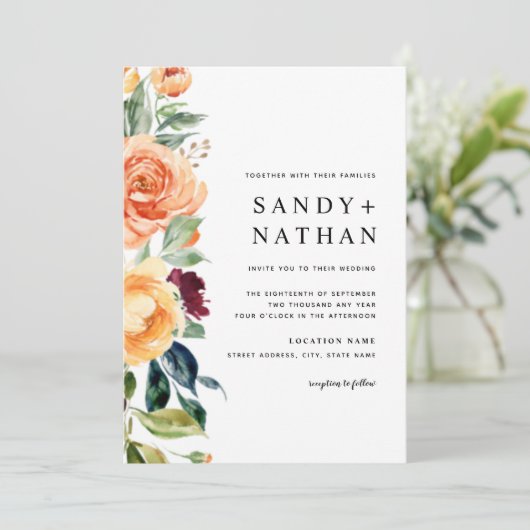 バーグンディモダンフローラ花結婚式招待状 招待状 (スタンド正面)