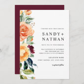 バーグンディモダンフローラ花結婚式招待状 招待状 (正面/裏面)