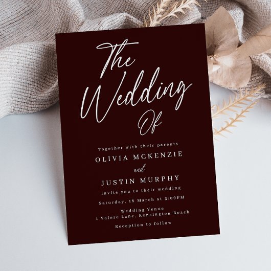 バーグンディモダンマルーン優雅な結婚式 招待状