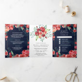 バーグンディモダンレッドローゼスフローラネイビーブルー結婚ズ 三つ折り招待状 (内部)