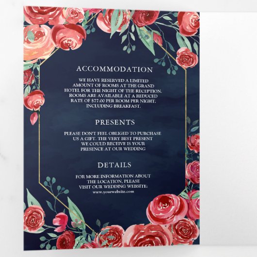 バーグンディモダンレッドローゼスフローラネイビーブルー結婚ズ 三つ折り招待状 (内部最初)