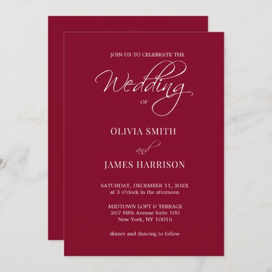 バーグンディモダンレッド秋シンプル結婚式招待状 招待状 (正面/裏面)