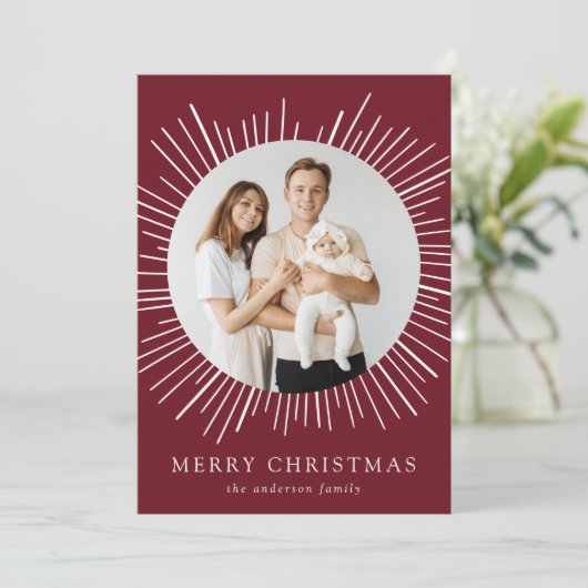 バーグンディモダン日が差すことメリークリスマス2写真 シーズンカード (スタンド正面)