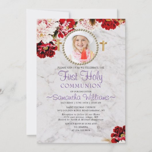 バーグンディモダン赤面写真第1聖餐式 招待状 (正面)