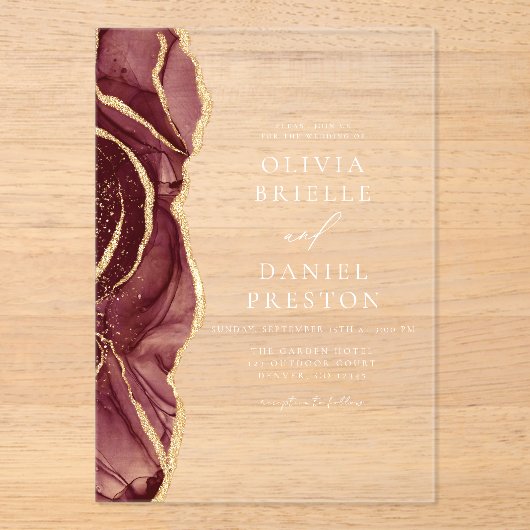 バーグンディモダン金ゴールドアゲートエレガントな結婚式 アクリル招待状 (正面)