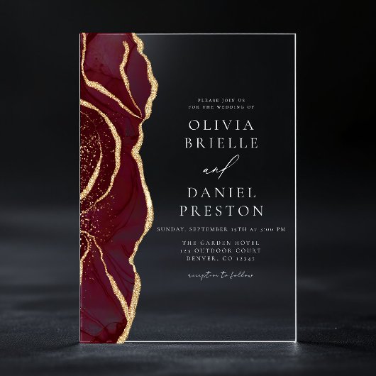 バーグンディモダン金ゴールドアゲートエレガントな結婚式 アクリル招待状