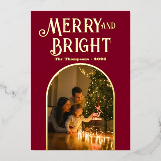 バーグンディモダン&金ゴールドクリスマスフォト 箔シーズンカード (正面)