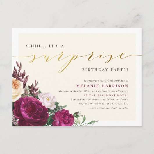 バーグンディモダン&金ゴールドサプライズ誕生日パーティー インビテーションポストカード (正面)