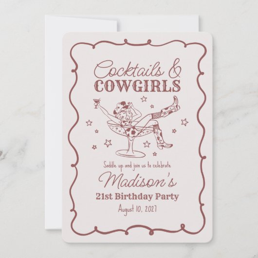 バーグンディー カクテルとカウガール ナッシュ バースデー 招待状 (正面)