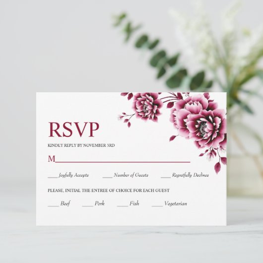 バーグンディ中国のフローラ牡丹結婚の花 出欠カード (スタンド正面)