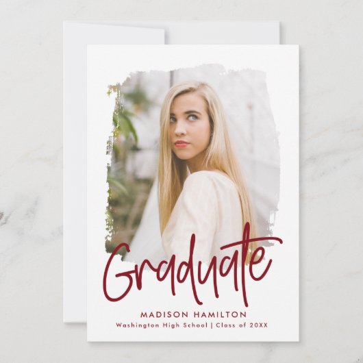 バーグンディ名門私立校風のスクリプト写真卒業パーティー 招待状 (正面)