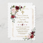 バーグンディ王室のピンクの花金ゴールドクロスバプテスマ 招待状 (正面/裏面)