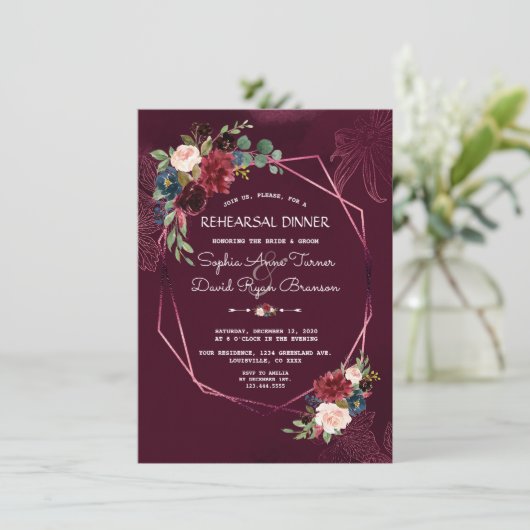 バーグンディ王室のフローラ幾何リハーサルディナー 招待状 (スタンド正面)