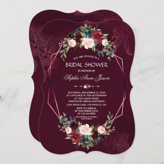 バーグンディ王室のフローラ幾何学的ブライダルシャワー 招待状 (正面/裏面)