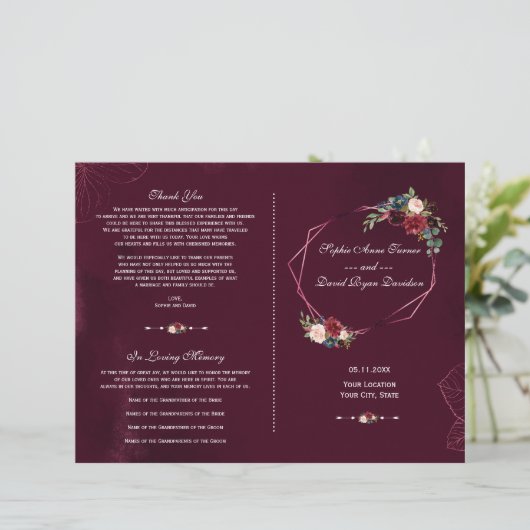 バーグンディ王室のフローラ幾何学的結婚式 プログラム (スタンド正面)