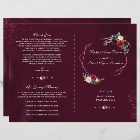 バーグンディ王室のフローラ幾何学的結婚式 プログラム (正面/裏面)