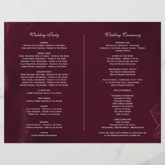 バーグンディ王室のフローラ幾何学的結婚式 プログラム (裏面)