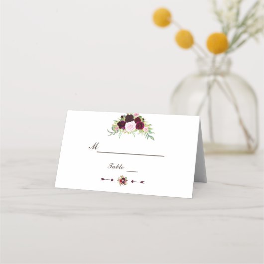 バーグンディ王室のマルサラフローラテーブル番号 プレイスカード (正面)