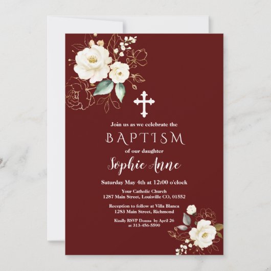 バーグンディ王室の金ゴールドホワイトフラワーガールバプテスマ 招待状 (正面)