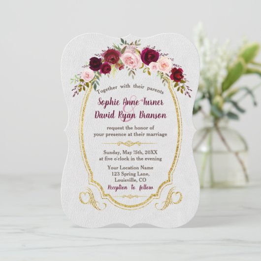 バーグンディ王室の金ゴールドマルサラフローラズ結婚 招待状 (スタンド正面)