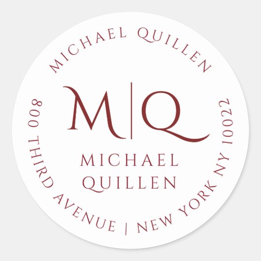 バーグンディ男らしレッドモノグラム差出人住所 ラウンドシール (正面)