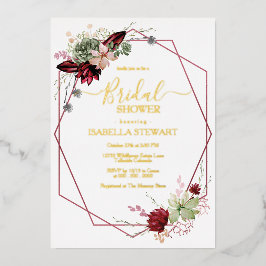 バーグンディ素朴ウォーターカラーフラワーズブライダルシャワー 箔招待状