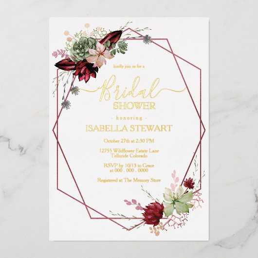 バーグンディ素朴ウォーターカラーフラワーズブライダルシャワー 箔招待状 (正面)