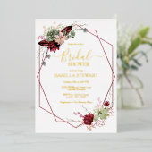 バーグンディ素朴ウォーターカラーフラワーズブライダルシャワー 箔招待状 (立ち正面)