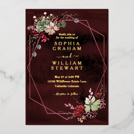 バーグンディ素朴ウォーター色フローラシック結婚ズ 箔招待状