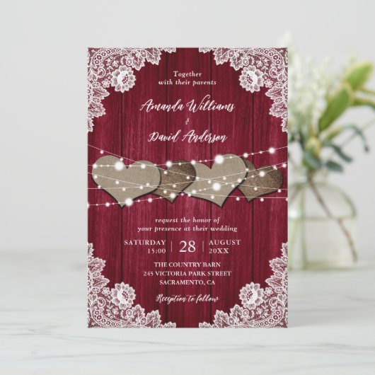 バーグンディ素朴ウッドバーラップレース結婚ズ 招待状 (スタンド正面)