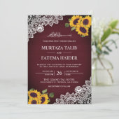バーグンディ素朴ウッドレースひまわりムスリム結婚ズ 招待状 (スタンド正面)