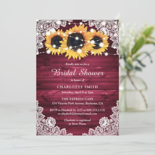 バーグンディ素朴ウッドレースサンフラワーブライダルシャワー 招待状 (スタンド正面)