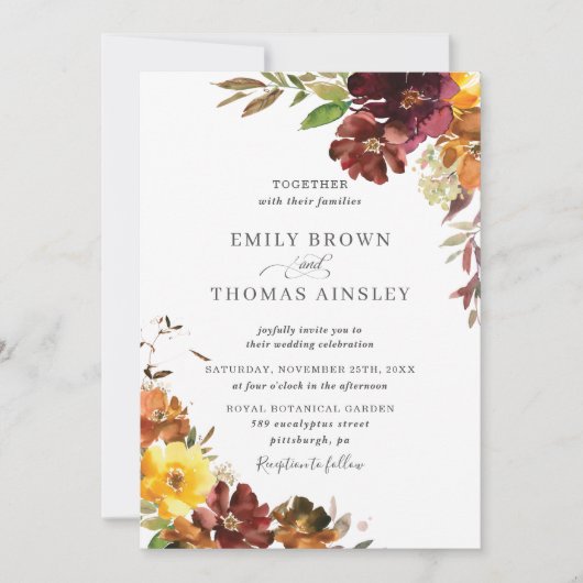 バーグンディ素朴オレンジイエローフローラ秋の結婚式 招待状 (正面)