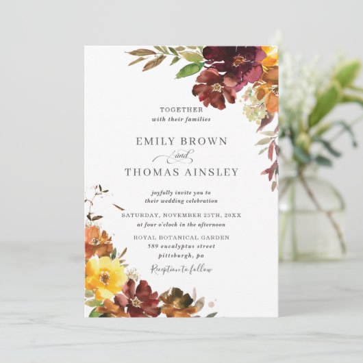 バーグンディ素朴オレンジイエローフローラ秋の結婚式 招待状 (スタンド正面)